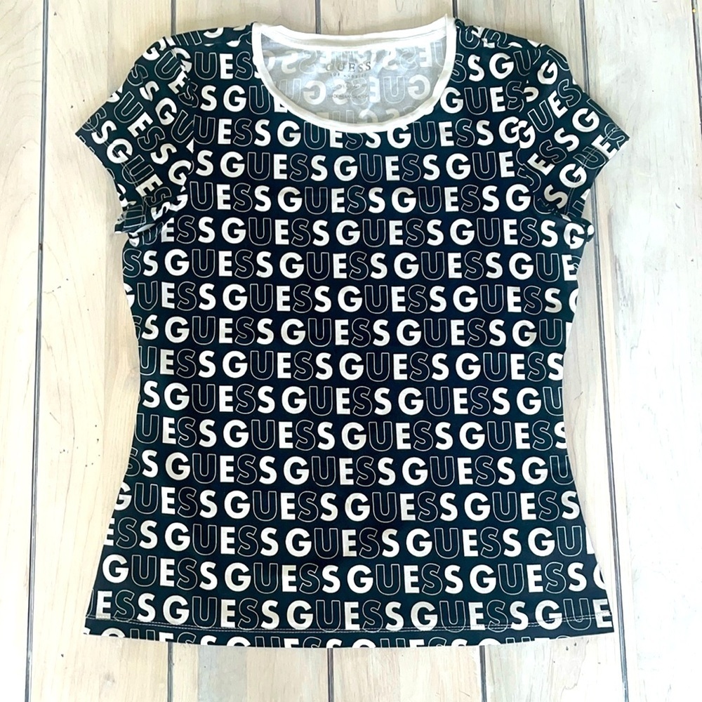 Guess Logo white on black short sleeve fitted stretch tshirt juniors